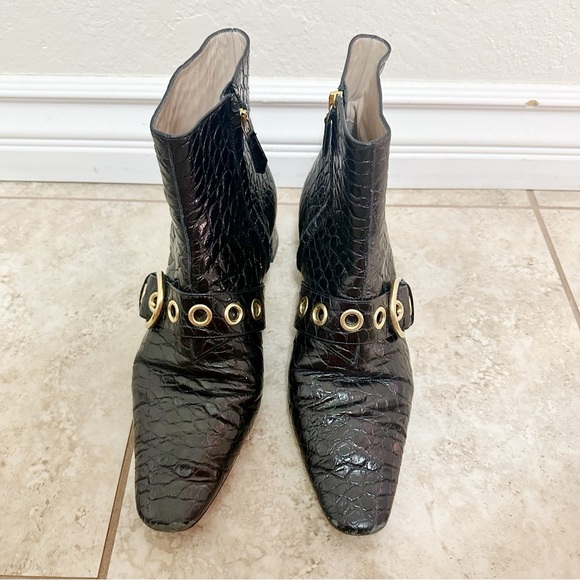 Authentic Prada Black Croc-Embossed Ankle Booties with Gold Accents - Picture 8 of 10